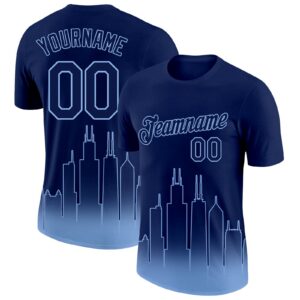 Custom Navy Light Blue 3D Chicago City Edition Fade Fashion Performance T-Shirt