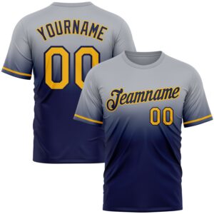 Custom Gray Gold-Navy Fade Fashion Performance T-Shirt