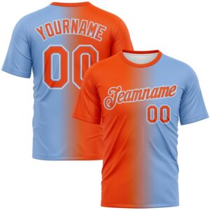 Custom Light Blue Orange-White Gradient Fashion Performance T-Shirt