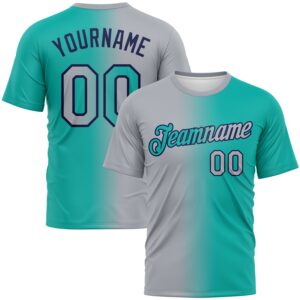 Custom Aqua Gray-Navy Gradient Fashion Performance T-Shirt