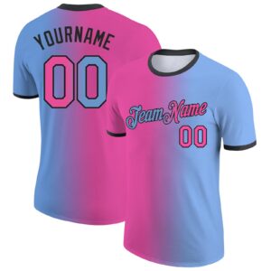 Custom Light Blue Pink-Black Gradient Fashion Performance T-Shirt
