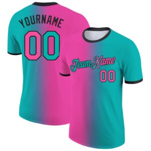 Custom Aqua Pink-Black Gradient Fashion Performance T-Shirt