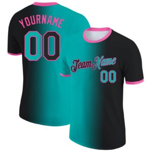 Custom Black Aqua-Pink Gradient Fashion Performance T-Shirt