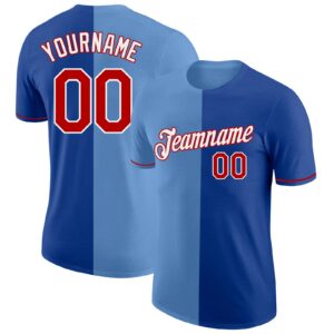 Custom Royal Red-Light Blue Split Fashion Performance T-Shirt